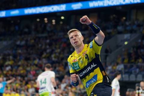 Rhein Neckar Loewen Goeppingen Mannheim, Germany 23 May 2019 Handball Bundesliga 31 Matchday, at the SAP Arena Gudjon Valur Sigurdsson Loewen , action single picture cheering joy emotion goal goalscorer cheering goalscorer gesticulation gesture gesture mimic strong facial expression emotion