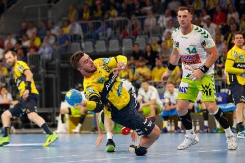 Rhein Neckar Loewen Goeppingen Mannheim, Germany 23 May 2019 Handball Bundesliga 31 Matchday, in the SAP Arena left to right in the duel Jannik Kohlbacher Loewen and Jacob Bagersted Goeppingen