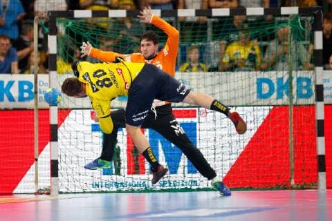 Rhein Neckar Loewen Goeppingen Mannheim, Germany 23 May 2019 Handball Bundesliga 31 Matchday, in the SAP Arena Jannik Kohlbacher Loewen bneim Torwurf