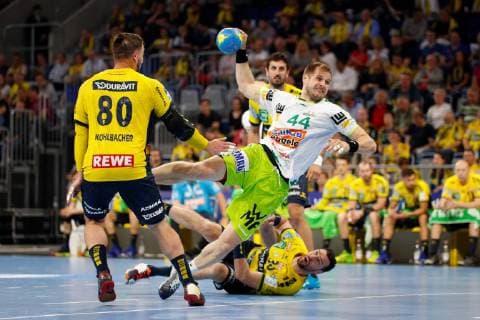Rhein Neckar Loewen Goeppingen Mannheim, Germany 23 May 2019 Handball Bundesliga 31 Matchday, in the SAP Arena left to right in the duel Jannik Kohlbacher Loewen and Kresimir Kozina Goeppingen