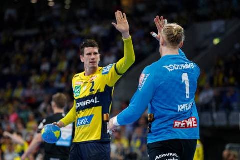 Rhein Neckar Loewen Goeppingen Mannheim, Germany 23 May 2019 Handball Bundesliga 31 Matchday, in the SAP Arena by Andy Schmid Loewen and goalkeeper Mikael Appelgren Loewen