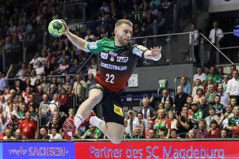 Lukas Mertens SC Magdeburg Handball Bundesliga Season 2018 2019 Punktspiel SC Magdeburg vs. VfL Gummersbach in the GETEC Arena in Magdeburg Freisteller,Aktion,Germany, Handball, Mann, Maenner,23 05 2019