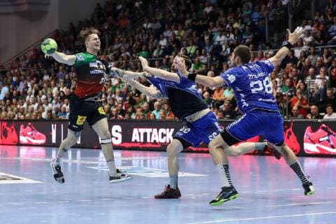 Michael Damgaard SC Magdeburg vs. Moritz Preuss Mi and Stanislav Zhukov VfL Gummersbach Handball Bundesliga Season 2018 2019 Punktspiel SC Magdeburg vs. VfL Gummersbach in the GETEC Arena in Magdeburg Action,Germany, Handball, Men,23 05 2019