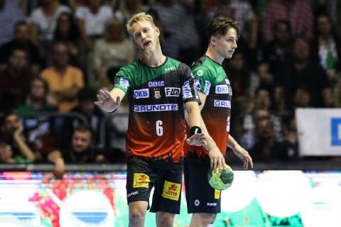 Matthias Musche li and Michael Damgaard SC Magdeburg Handball Bundesliga Season 2018 2019 Points SC Magdeburg vs. VfL Gummersbach in the GETEC Arena in Magdeburg Action,Germany, Handball, Man, Men,23 05 2019