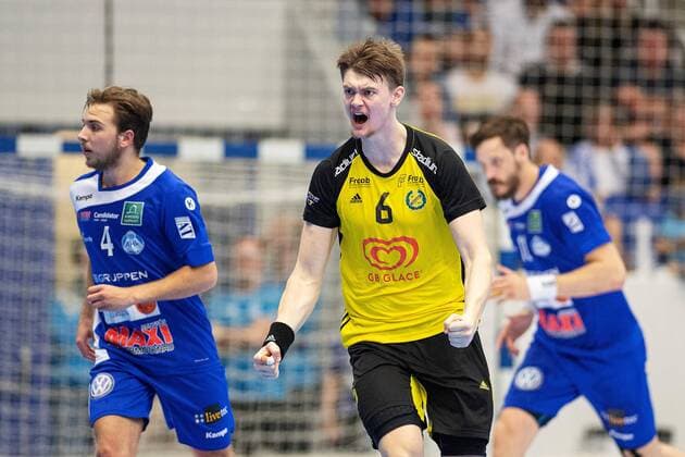 190524 Sävehofs Oskar Sunnefeldt rejoices during the final three in the Handball Leagues playoffs between Alingsas and Sävehof on May 24, 2019 in Alingsas,  Copyright: JÖRGENxJARNBERGER BB190524JJ015