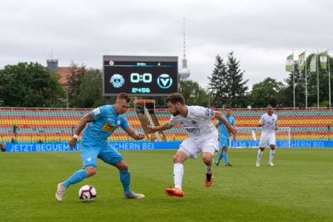 Soccer Berlin 25 05 2019 Final at AOK Landespokal Berlin 2018 2019 Tennis Borussia Berlin white FC Viktoria 1889 Berlin blue Freidrich Ludwig Jahn Sportpark few spectators sparsely occupied spectator stands little spectator interest