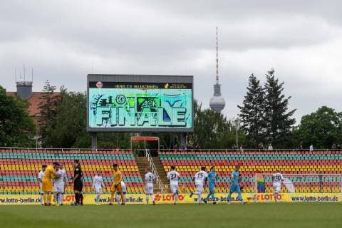 Soccer Berlin 25 05 2019 Final at AOK Landespokal Berlin 2018 2019 Tennis Borussia Berlin white FC Viktoria 1889 Berlin blue Freidrich Ludwig Jahn Sportpark few spectators sparsely occupied spectator stands little spectator interest