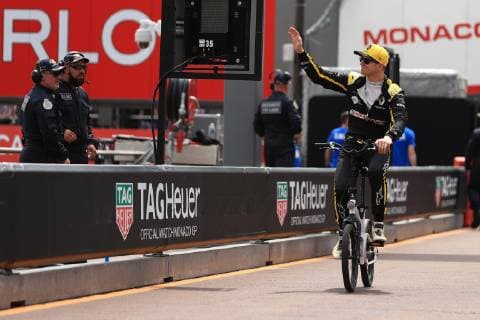 25th May 2019, Monte Carlo, Monaco; F1 Grand Prix of Monte Carlo, qualification day; Renault F1 Team, Nico Hulkenberg cycles along the pit lane  ActionPlus12137611 Octane