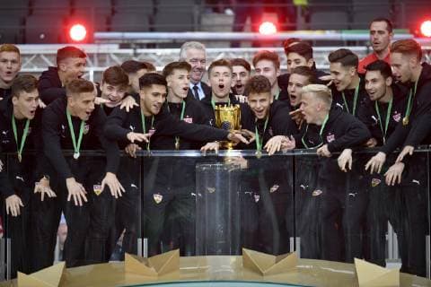 Before the start of the game Award Ceremony VfB Stuttgart A Junioren DFB Club Cup of Juniors 76 DFB Cup Final RB Leipzig RBL against FC Bayern München FCB 25 05 2019 DFL REGULATIONS PROHIBIT ANY USE OF PHOTOGRAPHS AS IMAGE SEQUENCES AND OR QUASI VIDEO 76 DFB Cup Final RB Leipzig RBL against FC Bayern München FCB