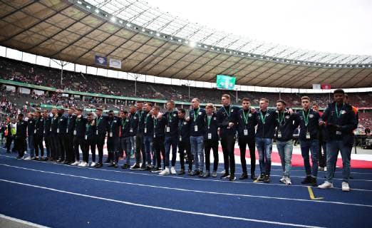 RB Leipzig Bayern Muenchen Football DFB Cup Final Berlin, 25 05 2019, Olympic Stadium, Football, DFB Cup, Final , RB Leipzig vs. FC Bayern Munich , In the picture Junioren von RB Leipzig, Silver Medal Winner in the DFB Cup, in front of the leipziger fan curve , Award ceremony of yesterdays A Junioren Cup Final between RB Leipzig and VfB Stuttgart , DFB regulations prohibit any use of photographs as image sequences and or quasi video ,