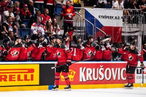 190525 Mark Stone and Troy Stecher of Canada celebrate after 1 0 during the 2019 IIHF Ice Hockey World Championship semifinal game between Canada and Czech Republic on May 25, 2019 in Bratislava Photo Joel Marklund BILDBYRAN kod JM 87960,  Copyright: JOELxMARKLUND BB190525JM044