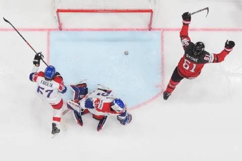 190525 Michael Frolik and goaltender Patrik Bartosak of Czech Republic look dejected when Mark Stone of Canada celebrates his 1 0 goal during the 2019 IIHF Ice Hockey World Championship semifinal game between Canada and Czech Republic on May 25, 2019 in Bratislava Photo Joel Marklund BILDBYRAN kod JM 87960,  Copyright: JOELxMARKLUND BB190525JM047