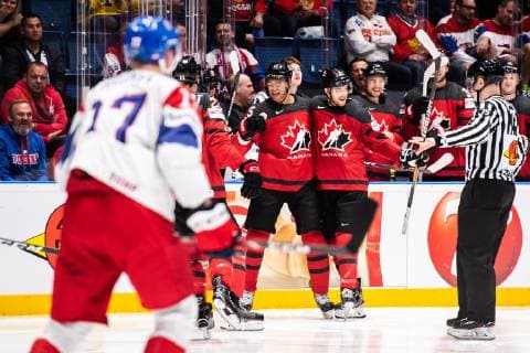 190525 Sam Reinhart, Darnell Nurse and Damon Severson of Canada celebrate after 2 0 during the 2019 IIHF Ice Hockey World Championship semifinal game between Canada and Czech Republic on May 25, 2019 in Bratislava Photo Joel Marklund BILDBYRAN kod JM 87960,  Copyright: JOELxMARKLUND BB190525JM051