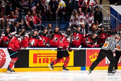 190525 Sean Couturier and Darnell Nurse celebrate with teammates after 2 0 during the 2019 IIHF Ice Hockey World Championship semifinal game between Canada and Czech Republic on May 25, 2019 in Bratislava Photo Joel Marklund BILDBYRAN kod JM 87960,  Copyright: JOELxMARKLUND BB190525JM053