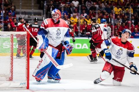 190525 Goaltender Patrik Bartosak and Ondrej Palat of Czech Republic look dejected after Pierre Luc Dubois of Canada scored 3 0 during the 2019 IIHF Ice Hockey World Championship semifinal game between Canada and Czech Republic on May 25, 2019 in Bratislava Photo Joel Marklund BILDBYRAN kod JM 87960,  Copyright: JOELxMARKLUND BB190525JM057