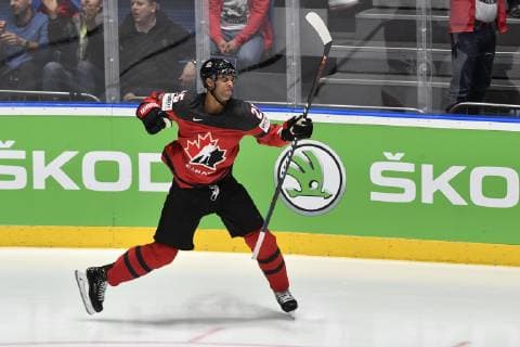 Darnell Nurse of Canada celebrates second goal during the Ice hockey, Eishockey World Championships semifinal match between Czech Republic and Canada in Bratislava, Slovakia, Saturday, May 25, 2019. (CTKxPhoto VitxSimanek) CTKPhotoP201905250531701  _VI29408