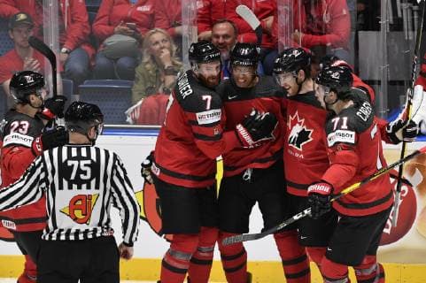 Hockey players of Canada men s national Ice hockey, Eishockey team celebrate a goal during the Ice Hockey World Championships semifinal match between Czech Republic and Canada in Bratislava, Slovakia, Saturday, May 25, 2019. (CTKxPhoto VitxSimanek) CTKPhotoP201905250532201  _VI29409