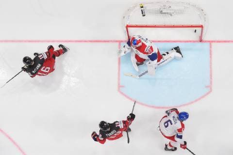 190525 Jared McCann and Kyle Turris of Canada celebrate the 4 0 goal behind goaltender Pavel Francouz of Czech Republic during the 2019 IIHF Ice Hockey World Championship semifinal game between Canada and Czech Republic on May 25, 2019 in Bratislava Photo Joel Marklund BILDBYRAN kod JM 87960,  Copyright: JOELxMARKLUND BB190525JM068