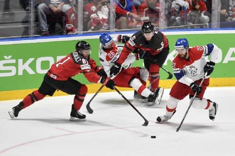 From left JONATHAN MARCHESSAULT of Canada, Czech MICHAL REPIK, PHILIPPE MYERS of Canada, Czech HYNEK ZOHORNA in action during the Ice hockey, Eishockey World Championships semifinal match between Czech Republic and Canada in Bratislava, Slovakia, Saturday, May 25, 2019. (CTKxPhoto VitxSimanek) CTKPhotoP201905250556801  _VI29861