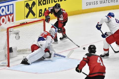 From left Czech goalie PAVEL FRANCOUZ, JARED MCCANN, DANTE FABBRO, both of Canada in action during the Ice hockey, Eishockey World Championships semifinal match between Czech Republic and Canada in Bratislava, Slovakia, Saturday, May 25, 2019. (CTKxPhoto VitxSimanek) CTKPhotoP201905250562601  _VI29566
