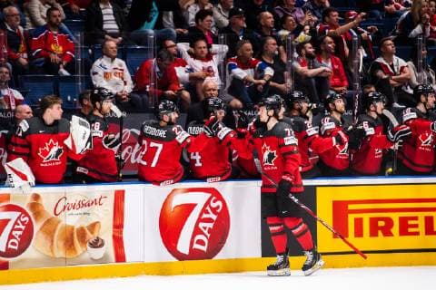 190525 Thomas Chabot of Canada celebrate with teammates after 5 0 during the 2019 IIHF Ice Hockey World Championship semifinal game between Canada and Czech Republic on May 25, 2019 in Bratislava Photo Joel Marklund BILDBYRAN kod JM 87960,  Copyright: JOELxMARKLUND BB190525JM070