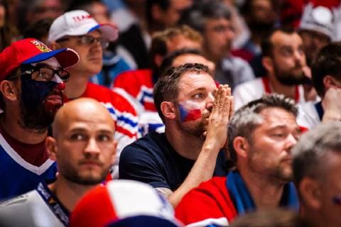 190525 Supporters of Czech Republic look dejected during the 2019 IIHF Ice Hockey World Championship semifinal game between Canada and Czech Republic on May 25, 2019 in Bratislava Photo Joel Marklund BILDBYRAN kod JM 87960,  Copyright: JOELxMARKLUND BB190525JM071