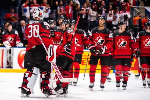 190525 Mathieu Joseph of Canada celebrate with teammates after the 2019 IIHF Ice Hockey World Championship semifinal game between Canada and Czech Republic on May 25, 2019 in Bratislava Photo Joel Marklund BILDBYRAN kod JM 87960,  Copyright: JOELxMARKLUND BB190525JM074