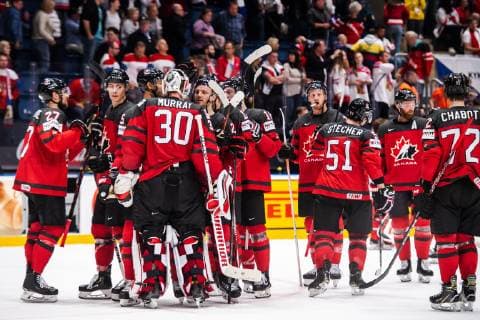 190525 Goaltender Matt Murray of Canada celebrate with teammates after the 2019 IIHF Ice Hockey World Championship semifinal game between Canada and Czech Republic on May 25, 2019 in Bratislava Photo Joel Marklund BILDBYRAN kod JM 87960,  Copyright: JOELxMARKLUND BB190525JM075