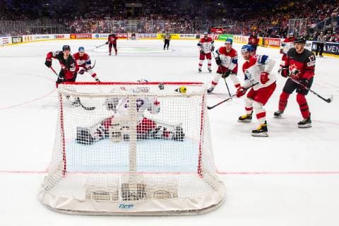 190525 Thomas Chabot of Canada scores 5 0 behind goaltender Patrik Bartosak of Czech Republic during the 2019 IIHF Ice Hockey World Championship semifinal game between Canada and Czech Republic on May 25, 2019 in Bratislava Photo Joel Marklund BILDBYRAN kod JM 87960,  Copyright: JOELxMARKLUND BB190525JM083