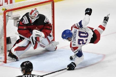 From left goalie of Canada MATT MURRAY and Czech HYNEK ZOHORNA in action during the Ice hockey, Eishockey World Championships semifinal match between Czech Republic and Canada in Bratislava, Slovakia, Saturday, May 25, 2019. (CTKxPhoto VitxSimanek) CTKPhotoP201905250617601  _VI20533