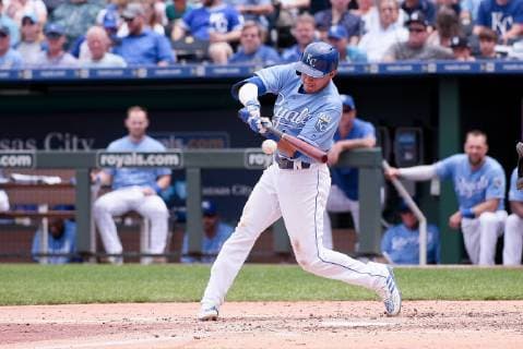 May 25, 2019: Kansas City Royals second baseman Nicky Lopez (1) makes hits the pitch during the first game of a double header in the American League game between the New York Yankees and the Kansas City Royals held at Kaufmann Stadium in Kansas City, MO CSM MLB, Baseball Herren, USA 2019: Yankees vs Royals May 25 - ZUMAc04_ 20190525_zaf_c04_047 Copyright: xRichardxUlreichx