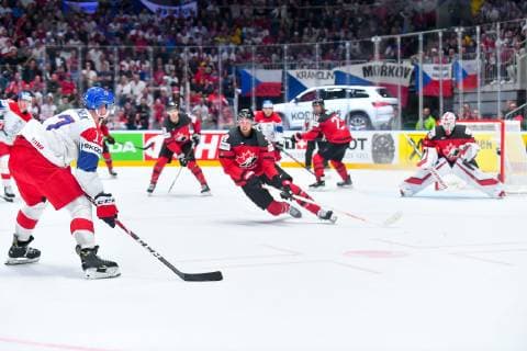 (190526) -- BRATISLAVA, May 26, 2019 -- Filip Hronek (L front) of the Czech Republic takes a shot during the 2019 IIHF Ice hockey, Eishockey World Championship, WM, Weltmeisterschaft Slovakia semi final game between Canada and the Czech Republic at Ondrej Nepela Arena on May 25, 2019 in Bratislava, Slovakia. Canada won 5-1. ) (SP)SLOVAKIA-BRATISLAVA-ICE HOCKEY-IIHF-WORLD CHAMPIONSHIP-SEMIFINAL-CAN VS CZE PawelxAndrachiewicz 