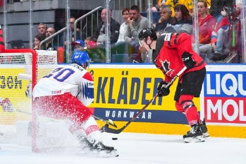 (190526) -- BRATISLAVA, May 26, 2019 -- Philippe Myers (R) of Canada controls the puck during the 2019 IIHF Ice hockey, Eishockey World Championship, WM, Weltmeisterschaft Slovakia semi final game between Canada and the Czech Republic at Ondrej Nepela Arena on May 25, 2019 in Bratislava, Slovakia. Canada won 5-1. ) (SP)SLOVAKIA-BRATISLAVA-ICE HOCKEY-IIHF-WORLD CHAMPIONSHIP-SEMIFINAL-CAN VS CZE PawelxAndrachiewicz 