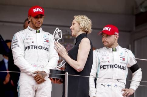Motorsports: FIA Formula One World Championship, WM, Weltmeisterschaft 2019, Grand Prix of Monaco, 44 Lewis Hamilton (GBR, Mercedes AMG Petronas Motorsport), Princess Charlene of Monaco, 77 Valtteri Bottas (FIN, Mercedes AMG Petronas Motorsport), Monte Carlo Monaco