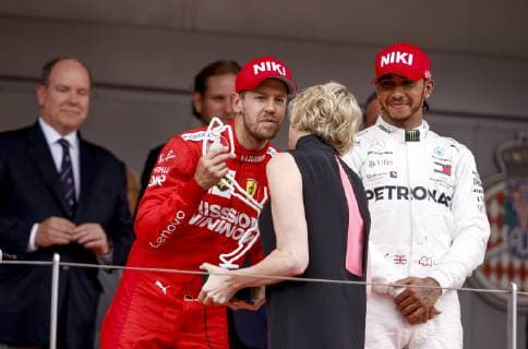 Motorsports: FIA Formula One World Championship, WM, Weltmeisterschaft 2019, Grand Prix of Monaco, 5 Sebastian Vettel (GER, Scuderia Ferrari Mission Winnow), Princess Charlene of Monaco, 44 Lewis Hamilton (GBR, Mercedes AMG Petronas Motorsport), Monte Carlo Monaco