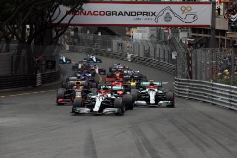 Photo4 LaPresse 26 05 2019 Monte Carlo, Monaco Grand Prix Formula One Monaco 2019 In the pic: Start Lewis Hamilton (GBR) Mercedes AMG F1 W10 lead in front at Valtteri Bottas (FIN) Mercedes AMG F1 W10 and Sebastian Vettel (GER) Scuderia Ferrari SF90  Copyright: xPhoto4 LaPressex