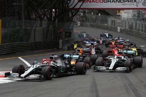 Photo4 LaPresse 26 05 2019 Monte Carlo, Monaco Grand Prix Formula One Monaco 2019 In the pic: start, Lewis Hamilton (GBR) Mercedes AMG F1 W10 lead in front at Valtteri Bottas (FIN) Mercedes AMG F1 W10 and Max Verstappen (NED) Red Bull Racing RB15  Copyright: xPhoto4 LaPressex