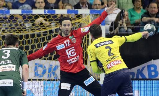 26 05 19, Handball 1 Bundesliga, 32 Spieltag, Foxes Berlin Rhein Neckar Lions Picture Andy Schmid Rhein Neckar Lions against Silvio Heinevetter Foxes Berlin Handball 1 Bundesliga Foxes Berlin Rhein Neckar Lions