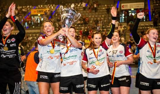 Thueringer HC SG BBM Bietigheim Winner of the OLYMP FINAL4 DHB Cup 2019 here team with cup at the DHB Cup Olympics FINAL4 Thueringer HC SG BBM Bietigheim Stuttgart 26 05 19 Handball DHB Cup , Stuttgart Baden Wuerttemberg Germany Porsche Arena