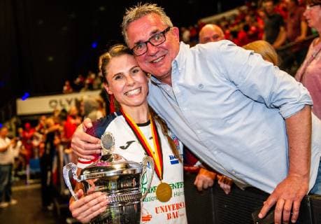 Thueringer HC SG BBM Bietigheim Stolle, Alicia Thueringer HC 17 with cup at the DHB Cup Olympics game FINAL4 Thueringer HC SG BBM Bietigheim Stuttgart 26 05 19 Handball DHB Cup , Stuttgart Baden Wuerttemberg Germany Porsche Arena