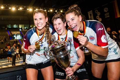 Thueringer HC SG BBM Bietigheim Joy at Stolle, Alicia Thueringer HC 17 Grossmann, Ina Thueringer HC 21 Boelk, Emily Thueringer HC 20 at the game of the DHB Cup Olympus FINAL4 Thueringer HC SG BBM Bietigheim Stuttgart 26 05 19 Handball DHB Cup , Stuttgart Baden Wuerttemberg Germany Porsche Arena