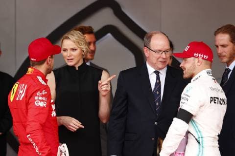 Motorsports: FIA Formula One World Championship, WM, Weltmeisterschaft 2019, Grand Prix of Monaco, 5 Sebastian Vettel (GER, Scuderia Ferrari Mission Winnow), Princess Charlene of Monaco and Prince Albert II of Monaco, 77 Valtteri Bottas (FIN, Mercedes AMG Petronas Motorsport), Monte Carlo Monaco