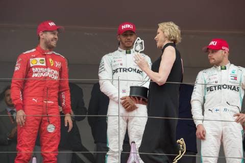 Motorsports: FIA Formula One World Championship, WM, Weltmeisterschaft 2019, Grand Prix of Monaco, 5 Sebastian Vettel (GER, Scuderia Ferrari Mission Winnow), 44 Lewis Hamilton (GBR, Mercedes AMG Petronas Motorsport), Princess Charlene of Monaco, 77 Valtteri Bottas (FIN, Mercedes AMG Petronas Motorsport), (Verwendung nur in Deutschland - GERMANY ONLY) *** Motorsports FIA Formula One World Championship 2019, Grand Prix of Monaco, 5 Sebastian Vettel GER, Scuderia Ferrari Mission Winnow , 44 Lewis Hamilton GBR, Mercedes AMG Petronas Motorsport , Princess Charlene of Monaco, 77 Valtteri Bottas FIN, Mercedes AMG Petronas Motorsport , Use only in Germany GERMANY ONLY 