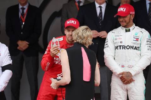 Photo4 LaPresse 26 05 2019 Monte Carlo, Monaco Grand Prix Formula One Monaco 2019 In the pic: podium: S.A.S La Princesse Charlene De Monaco and 2nd position Sebastian Vettel (GER) Scuderia Ferrari SF90 3rd position Valtteri Bottas (FIN) Mercedes AMG F1 W10  Copyright: xPhoto4 LaPressex