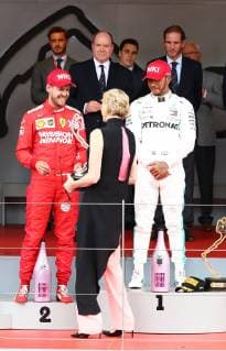 First Charlene presents the cup to Sebastian Vettel Scuderia Ferrari Mission Winnow, Grand Prix of Monaco 2019, Motorsport, Formula 1, 26 05 2019, Grand Prix of Monaco 2019, Motorsport, Formula 1, 26 05 2019 Monte Carlo Copyright: xEIBNER AlexanderxNeisx EP_ANS