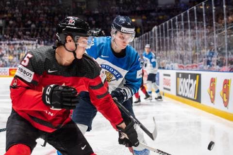 190526 Philippe Myers of Canada and Kaapo Kakko of Finland during the 2019 IIHF Ice Hockey World Championship gold medal game between Canada and Finland on May 26, 2019 in Bratislava Photo Joel Marklund BILDBYRAN kod JM 87962,  Copyright: JOELxMARKLUND BB190526JM051