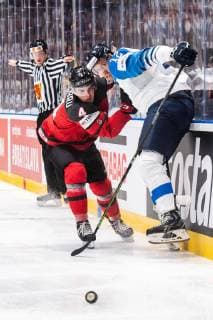 190526 Dante Fabbro of Canada and Marko Anttila of Finland during the 2019 IIHF Ice Hockey World Championship gold medal game between Canada and Finland on May 26, 2019 in Bratislava Photo Joel Marklund BILDBYRAN kod JM 87962,  Copyright: JOELxMARKLUND BB190526JM053
