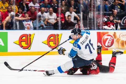 190526 Jere Sallinen of Finland and Thomas Chabot of Canada during the 2019 IIHF Ice Hockey World Championship gold medal game between Canada and Finland on May 26, 2019 in Bratislava Photo Joel Marklund BILDBYRAN kod JM 87962,  Copyright: JOELxMARKLUND BB190526JM054