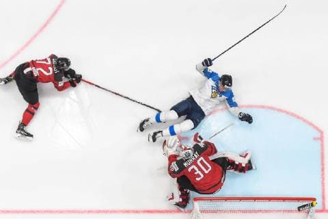 190526 Thomas Chabot and goaltender Matt Murray of Canada against Jere Sallinen of Finland during the 2019 IIHF Ice Hockey World Championship gold medal game between Canada and Finland on May 26, 2019 in Bratislava Photo Joel Marklund BILDBYRAN kod JM 87962,  Copyright: JOELxMARKLUND BB190526JM056