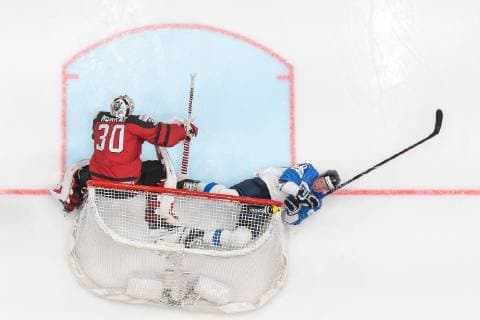 190526 Goaltender Matt Murray of Canada and Jere Sallinen of Finland during the 2019 IIHF Ice Hockey World Championship gold medal game between Canada and Finland on May 26, 2019 in Bratislava Photo Joel Marklund BILDBYRAN kod JM 87962,  Copyright: JOELxMARKLUND BB190526JM057